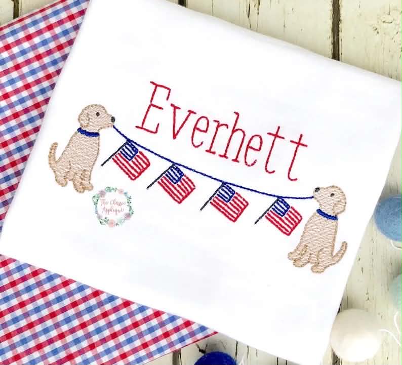 Embroidered Patriotic Puppy Banner Name Sketch