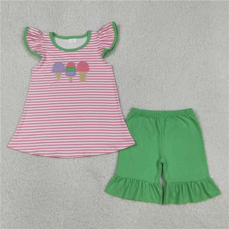Trio Ice Cream Stripped Ruffle Short Set