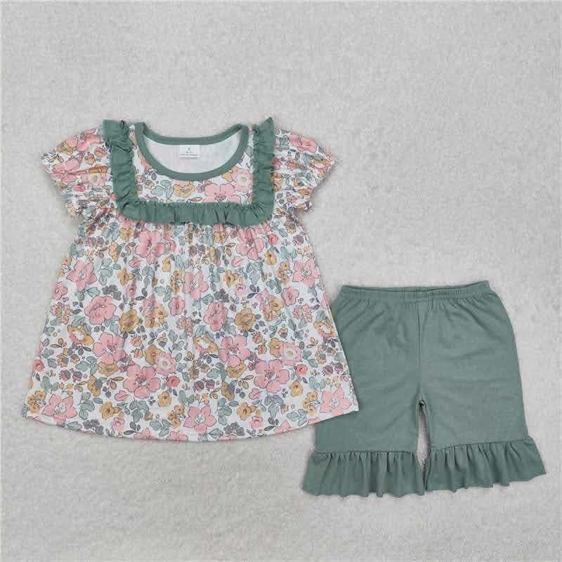 Green and PInk Floral 2pc Ruffle Set