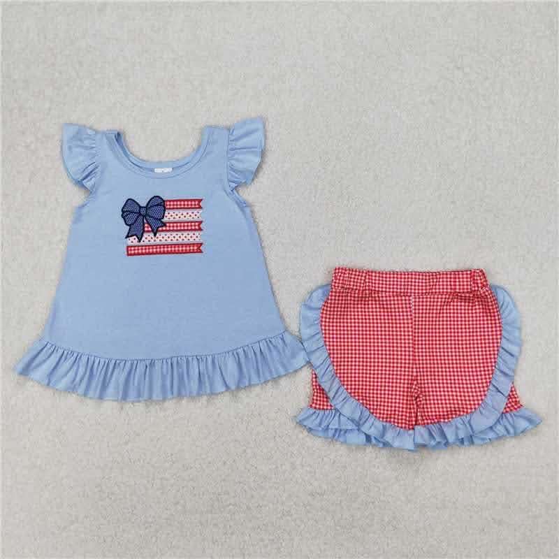 4th July Flag with Blue Boy and Blue Ruffles Short Set