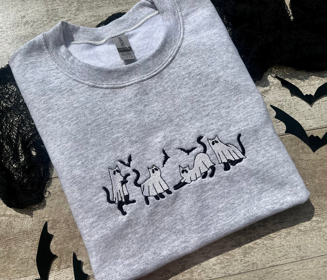Spooky Cats on Ash Embroidered Crewneck