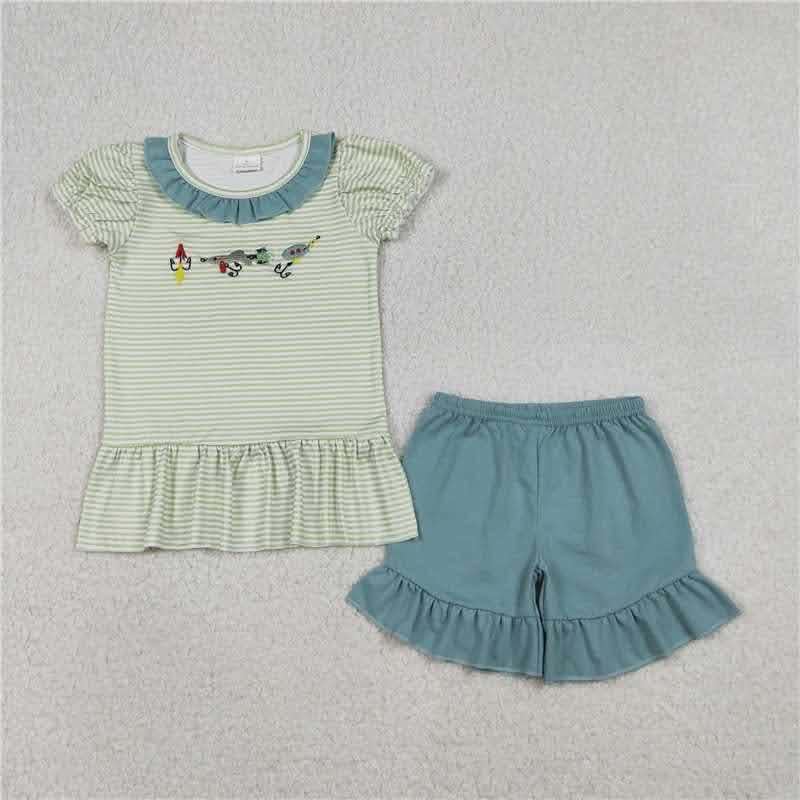 Fishing Lures with Green and Teal Ruffle Short Set