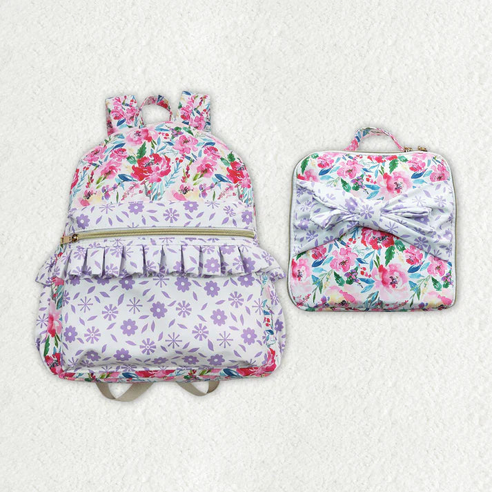 2 PC SET- Purple Floral with Ruffle and Bow Bookbag and Lunchbox