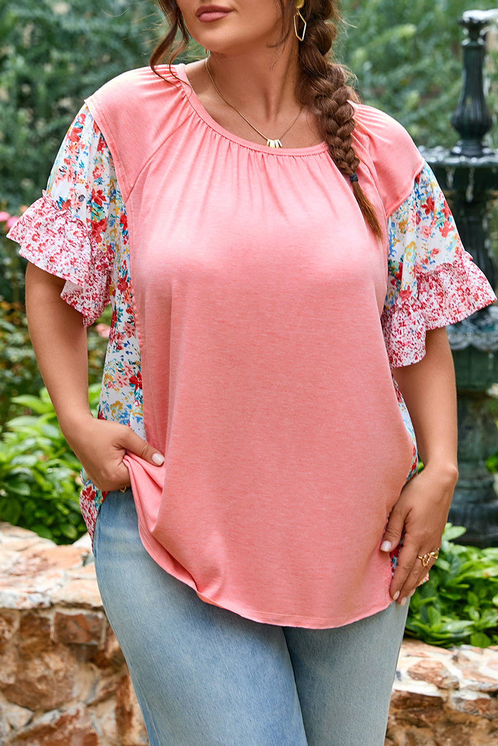 Pink Plus Size Floral Patchwork Ruffled Short Sleeve Blouse