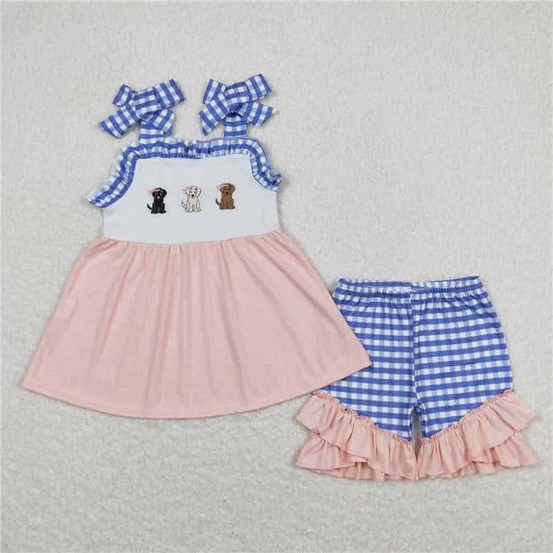 Three Colored Dogs Peach and Blue Short Set