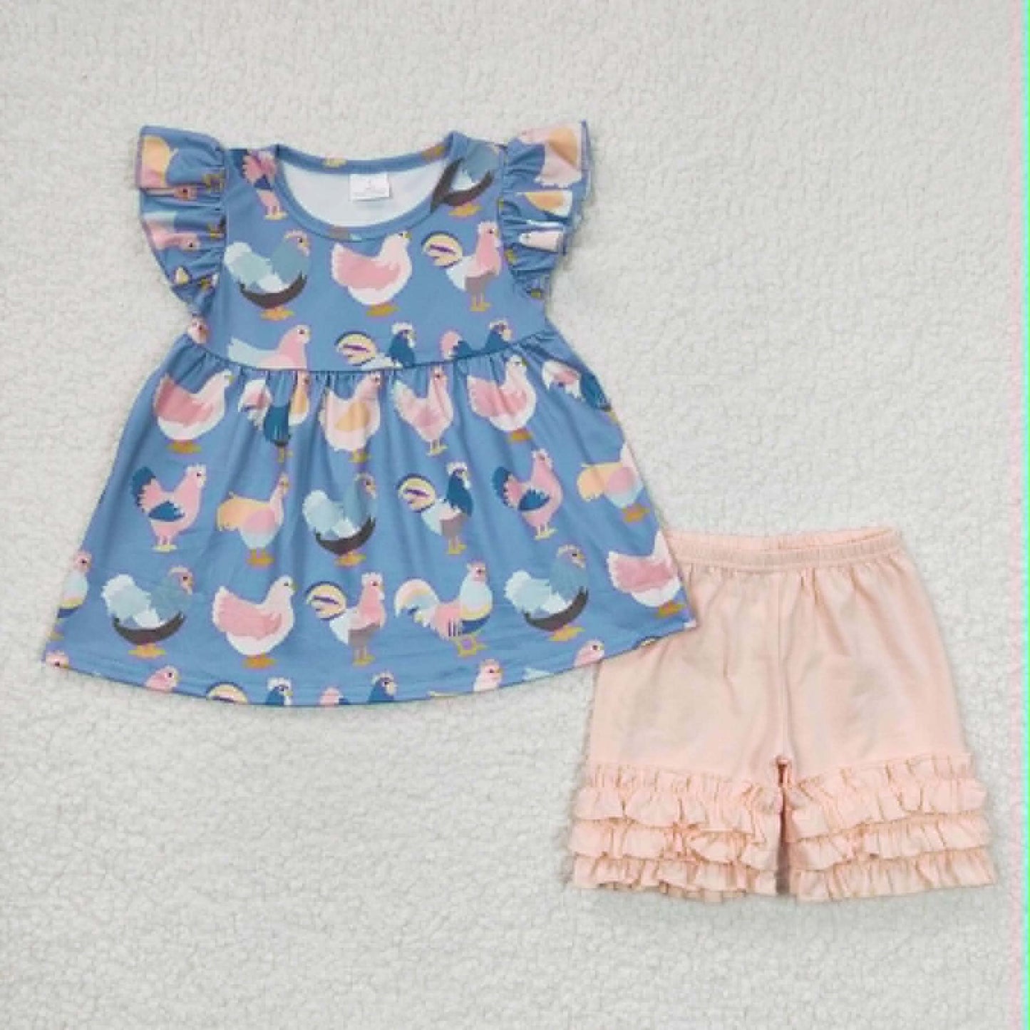 Colorful Chickens Peach and Blue Short Set