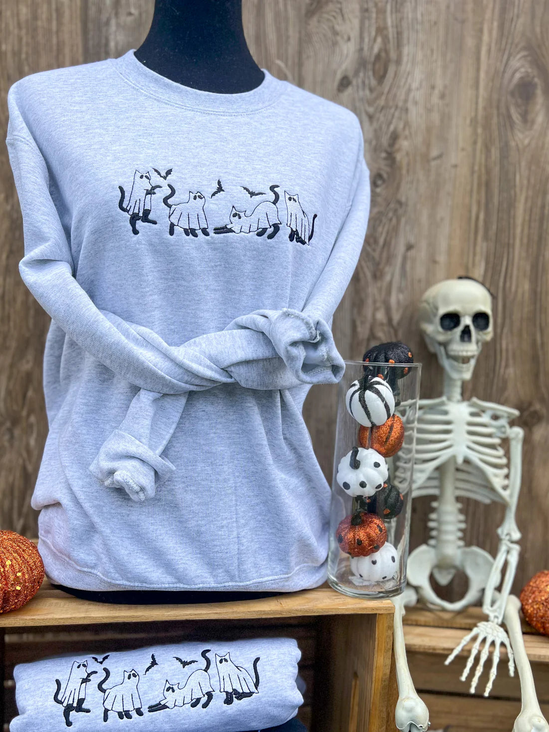 Spooky Cats on Ash Embroidered Crewneck