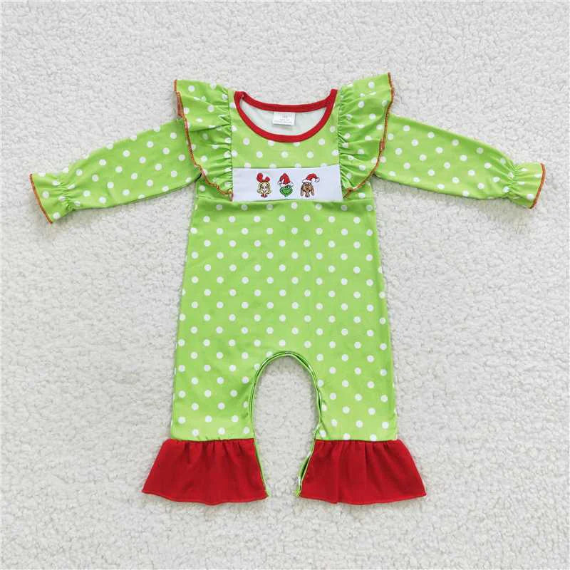 Embroidered Grinch Trio with Green Stripes Ruffles Sleeper