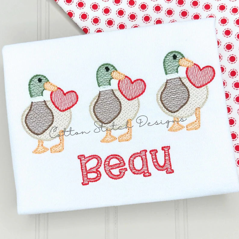 Three Mallards with Hearts and Name- Embroidered