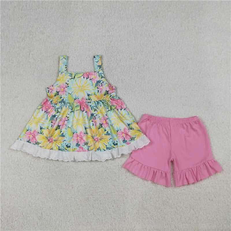 Yellow and Pink Flower and Ruffle Short Set
