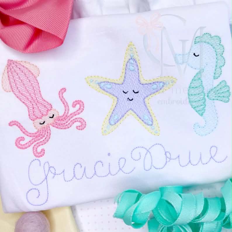 Embroidered Pastel Ocean Friends Name Sketch