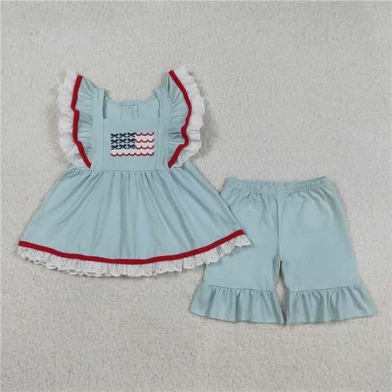 Light Blue Flag with White Ruffle Short Set