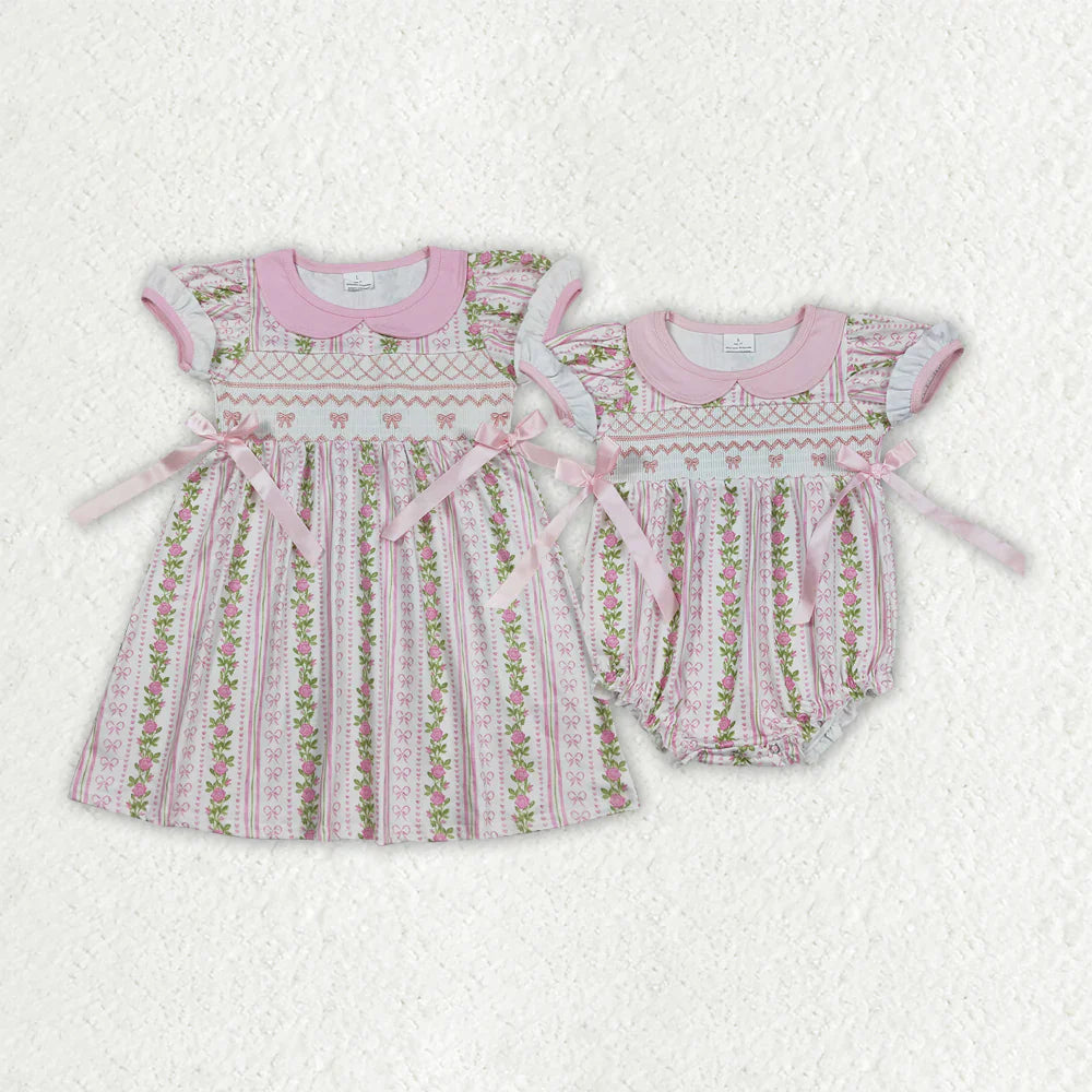 Embroidered Pink Bows and Floral Short Sleeve Bubble