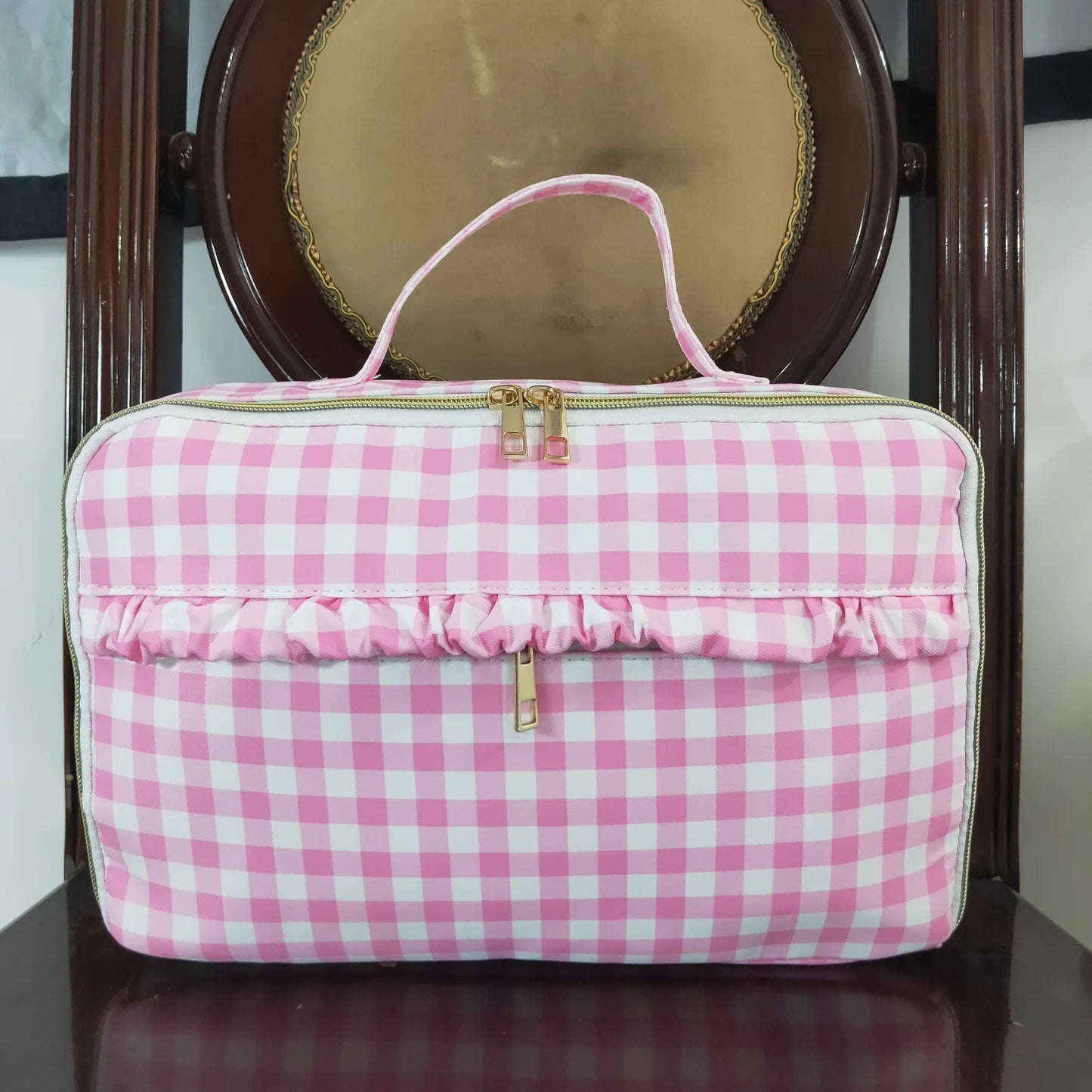 Pink Checkered Wide Ruffle Embroidered Lunchbox