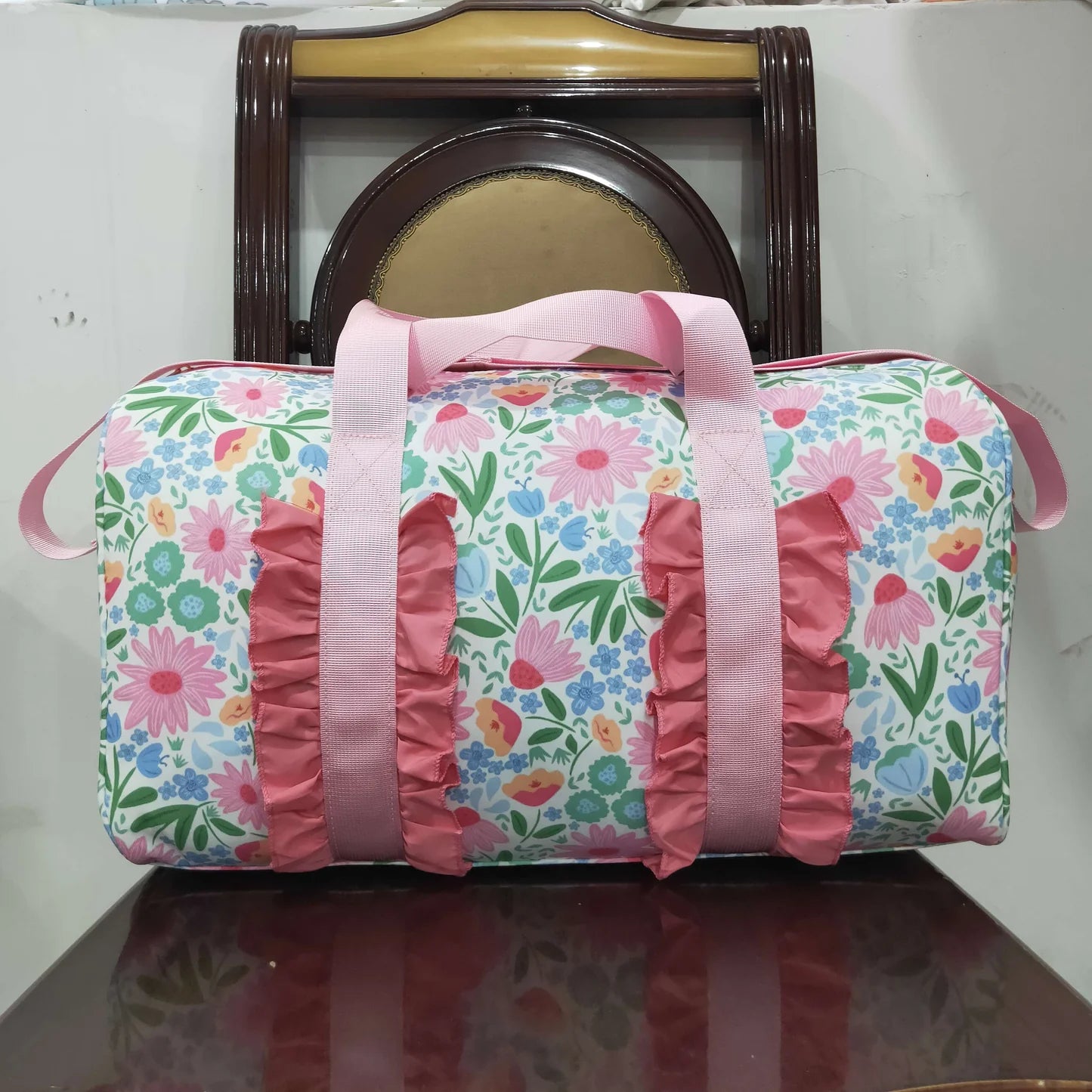 Flower Leaves Pink Ruffle Gym Duffle Bag