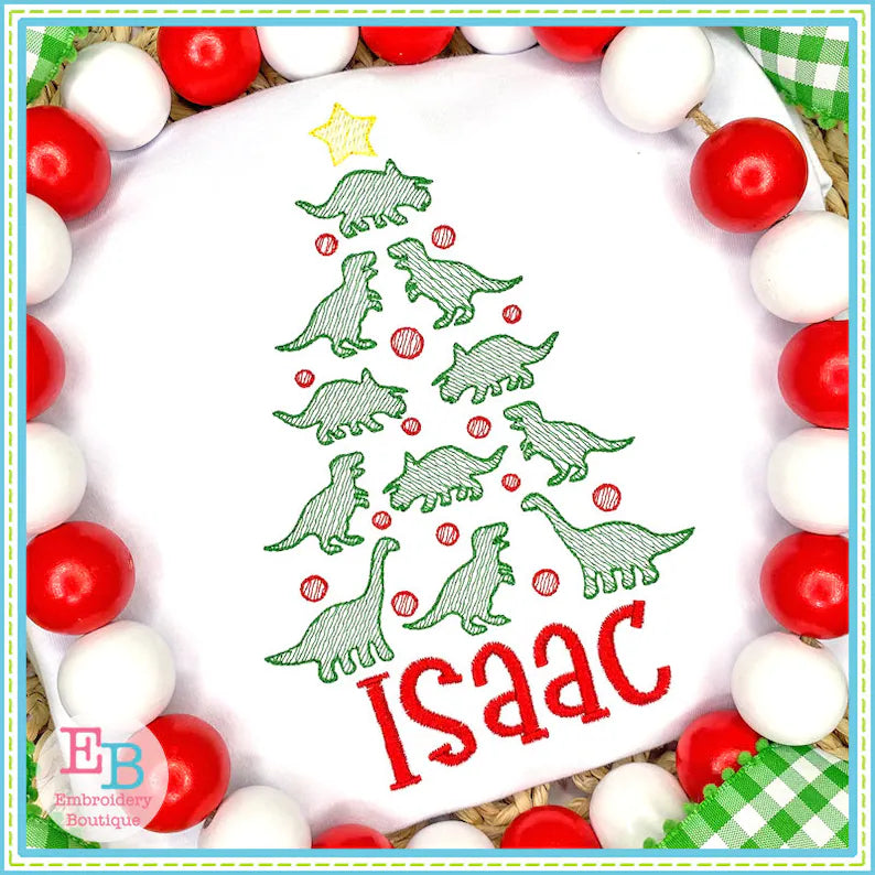 Dino Christmas Tree Sketch Embroidery with Name