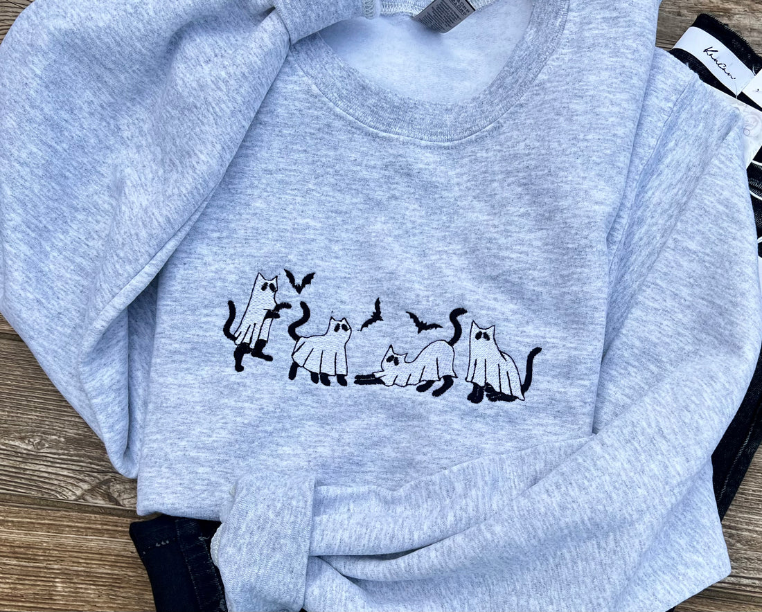 Spooky Cats on Ash Embroidered Crewneck