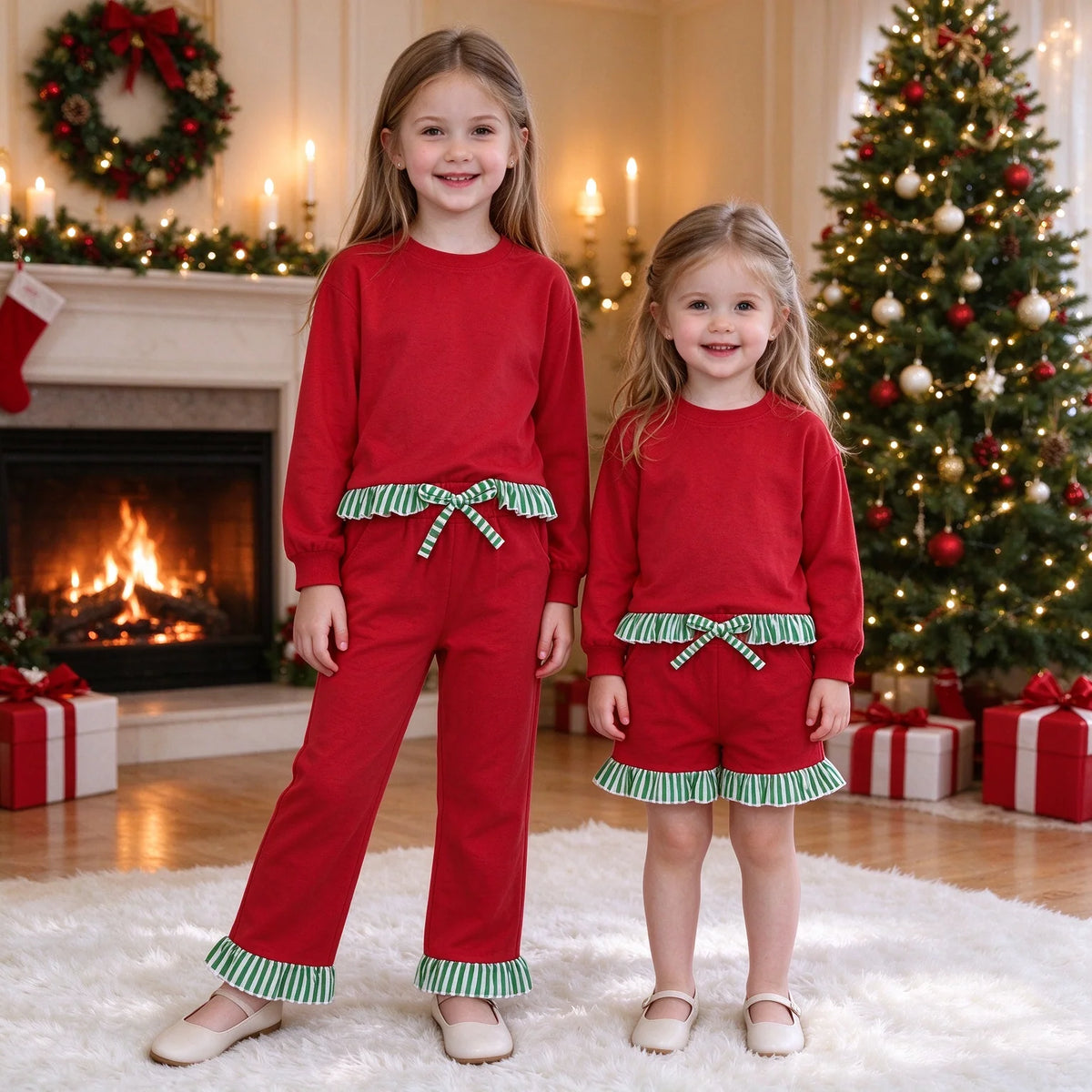 Red Christmas Striped Ruffle Matching Sets