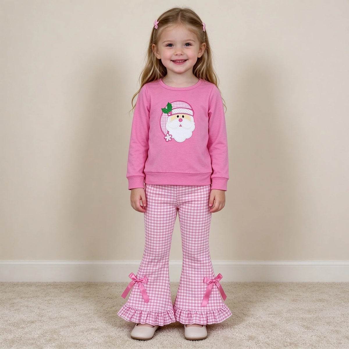 Pink Santa top and gingham ruffle pants set