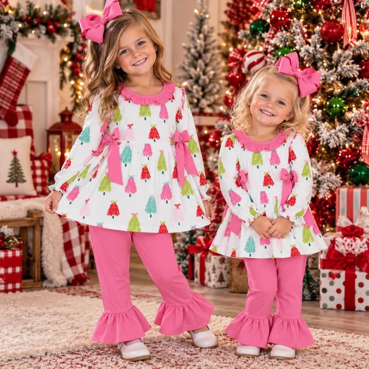 Colorful Christmas Tree Pink Ruffle Pants Set