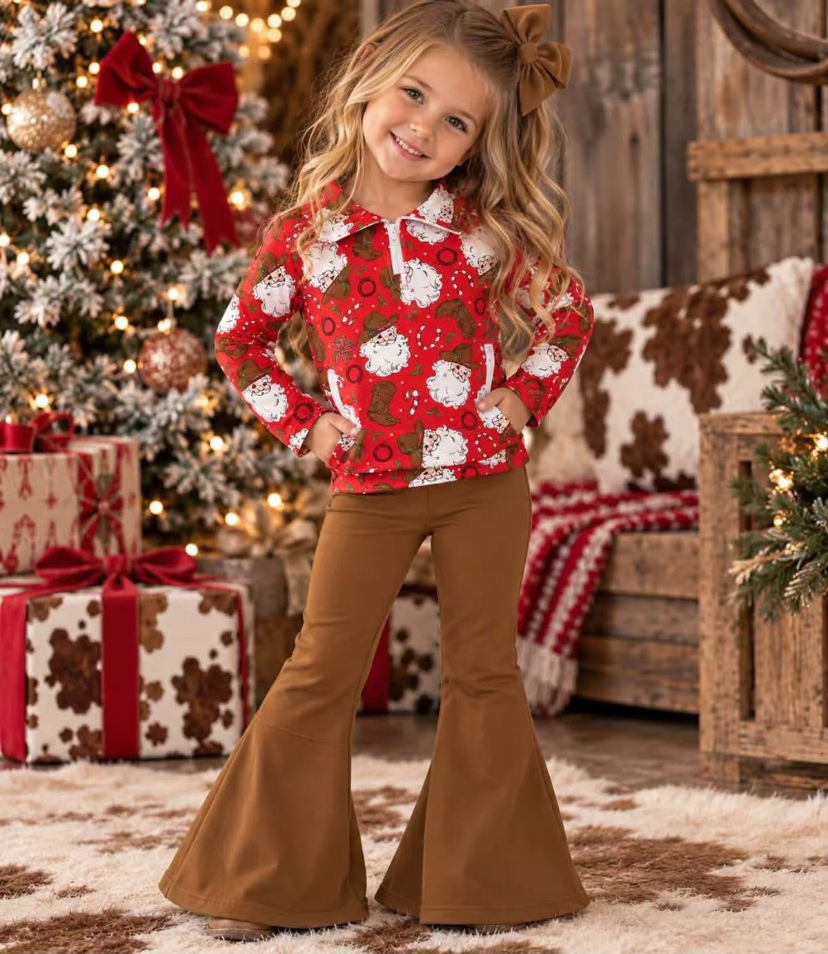 Cowboy Santa Quarter Zip Flare Pants Set