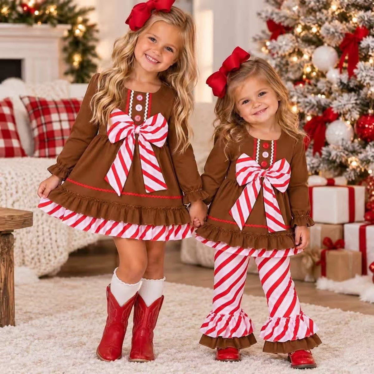 Gingerbread candy cane stripe dress and pants set