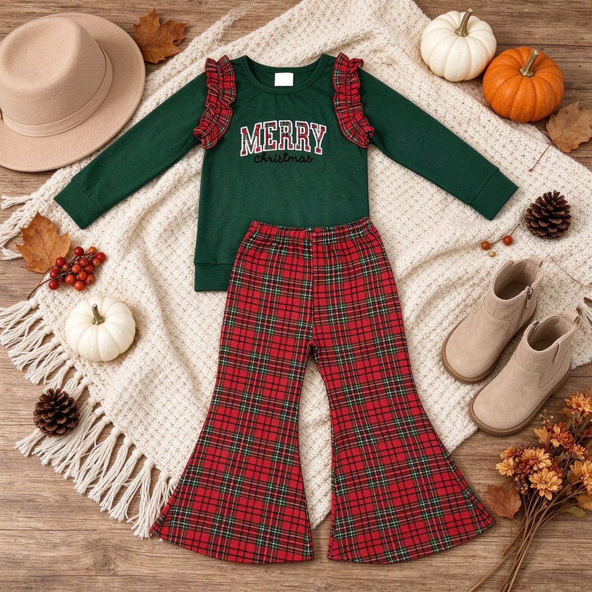 Merry Christmas Red Plaid Flare Pants Set