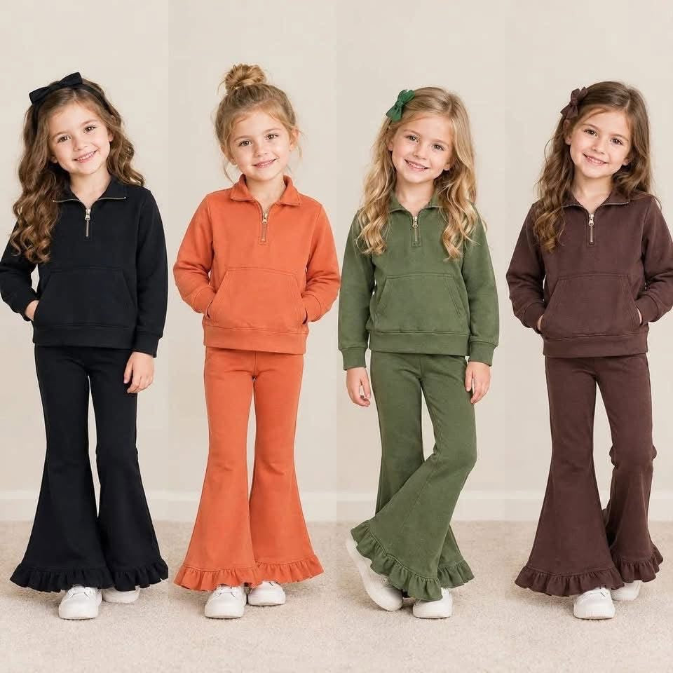 Quarter zip ruffle pants sets in black orange green and brown