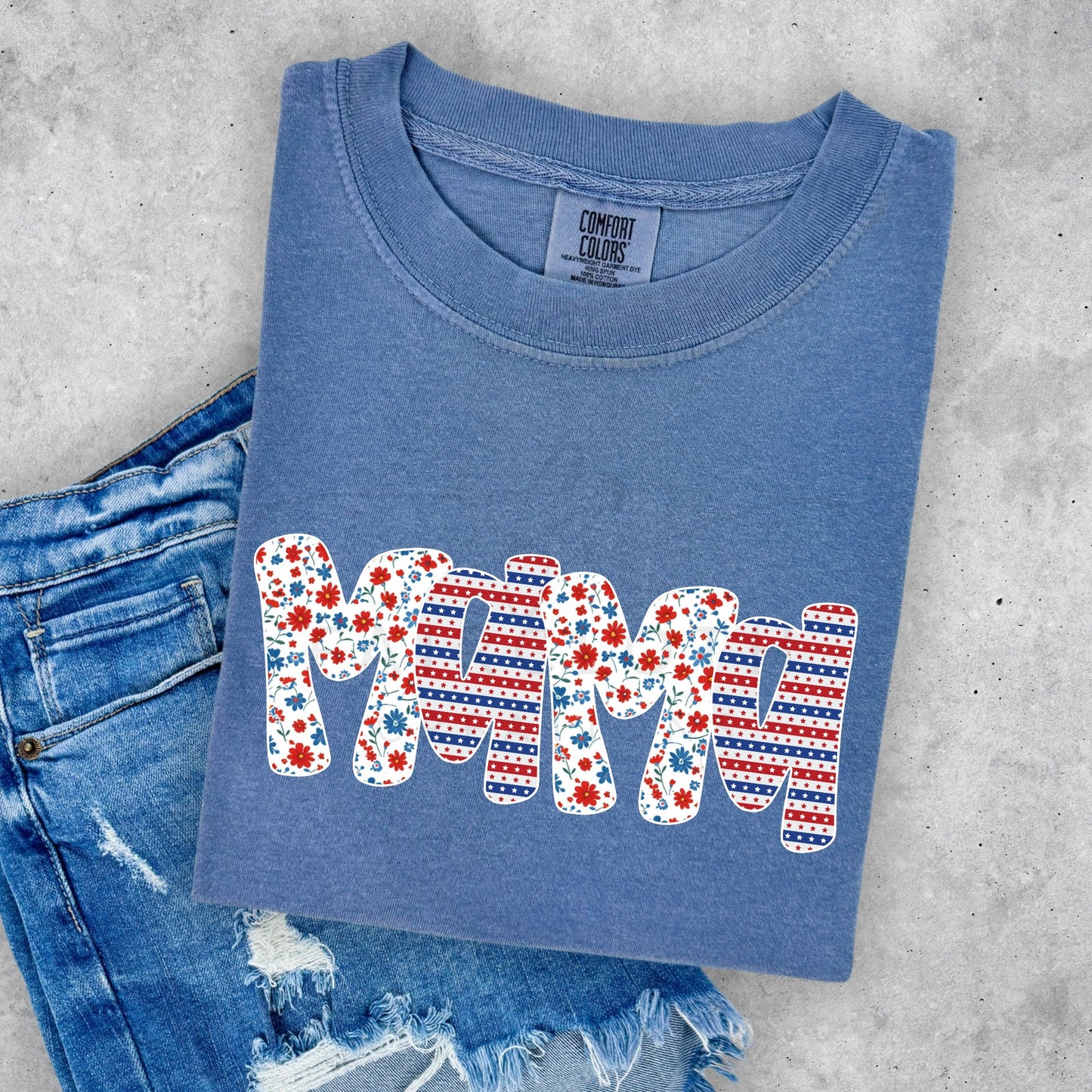 Mama with Floral and Red and Blue Stripes
