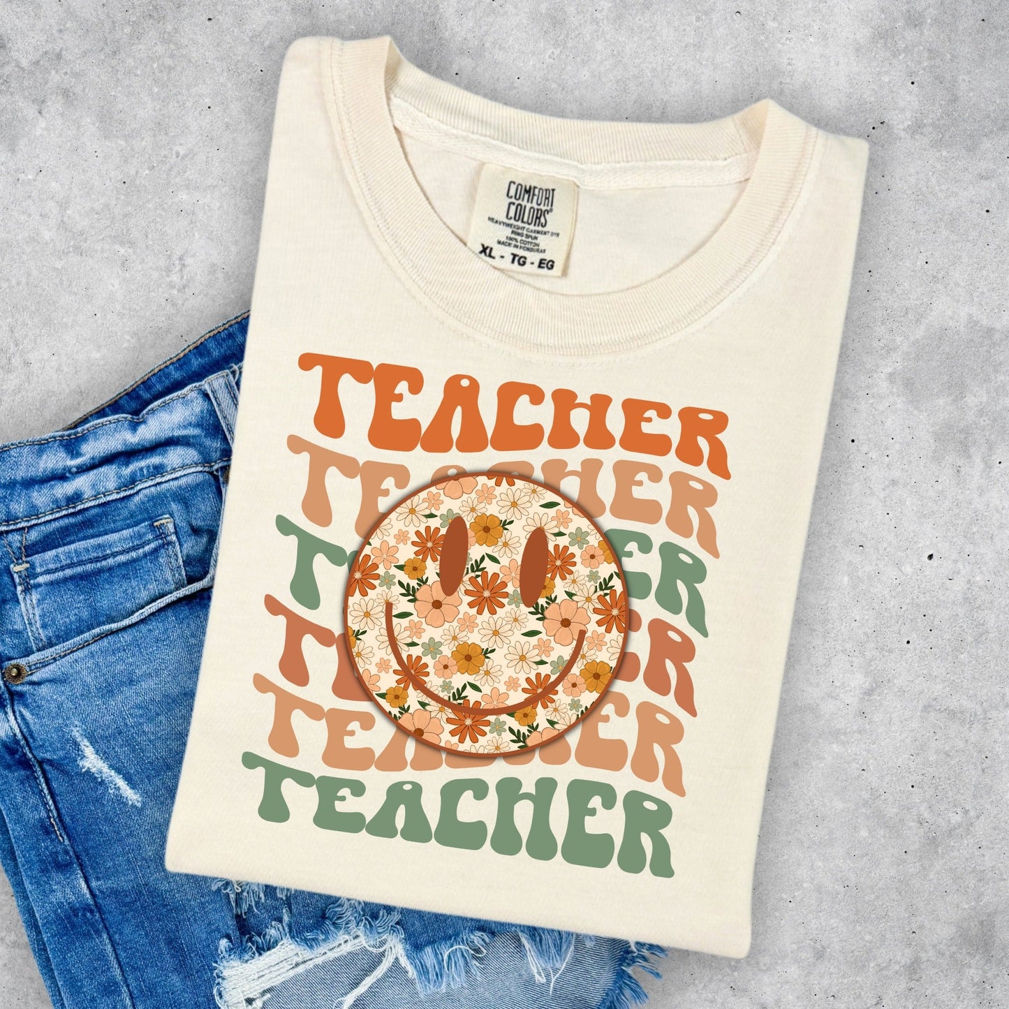 Teacher Groovy Stacked with Floral Smiley