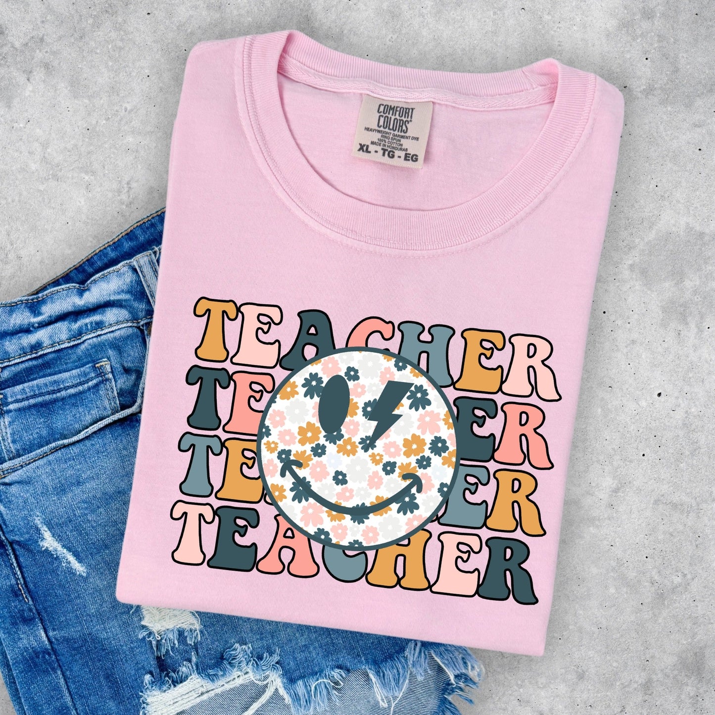 Teacher Stacked with pink bow floral Wink
