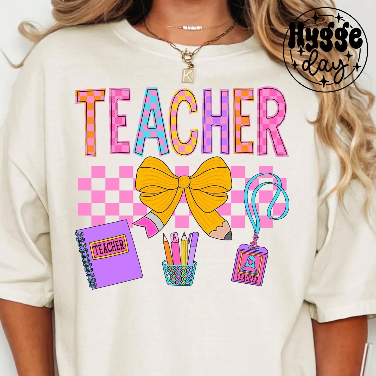Teacher with Checkered pencil bow and Book