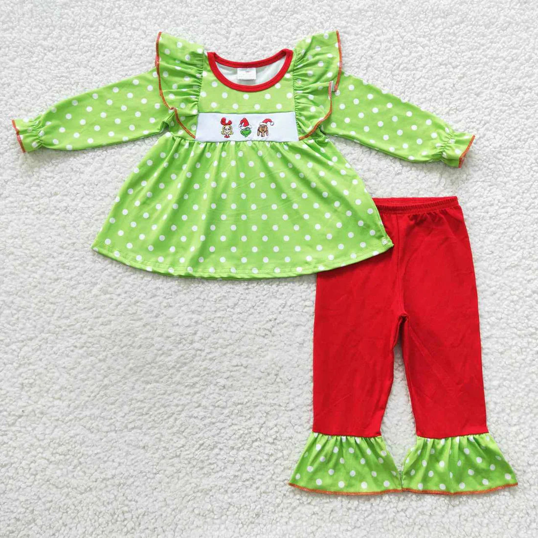 Embroidered Grinch Trio with Green Stripes Ruffles 2 Pc Set