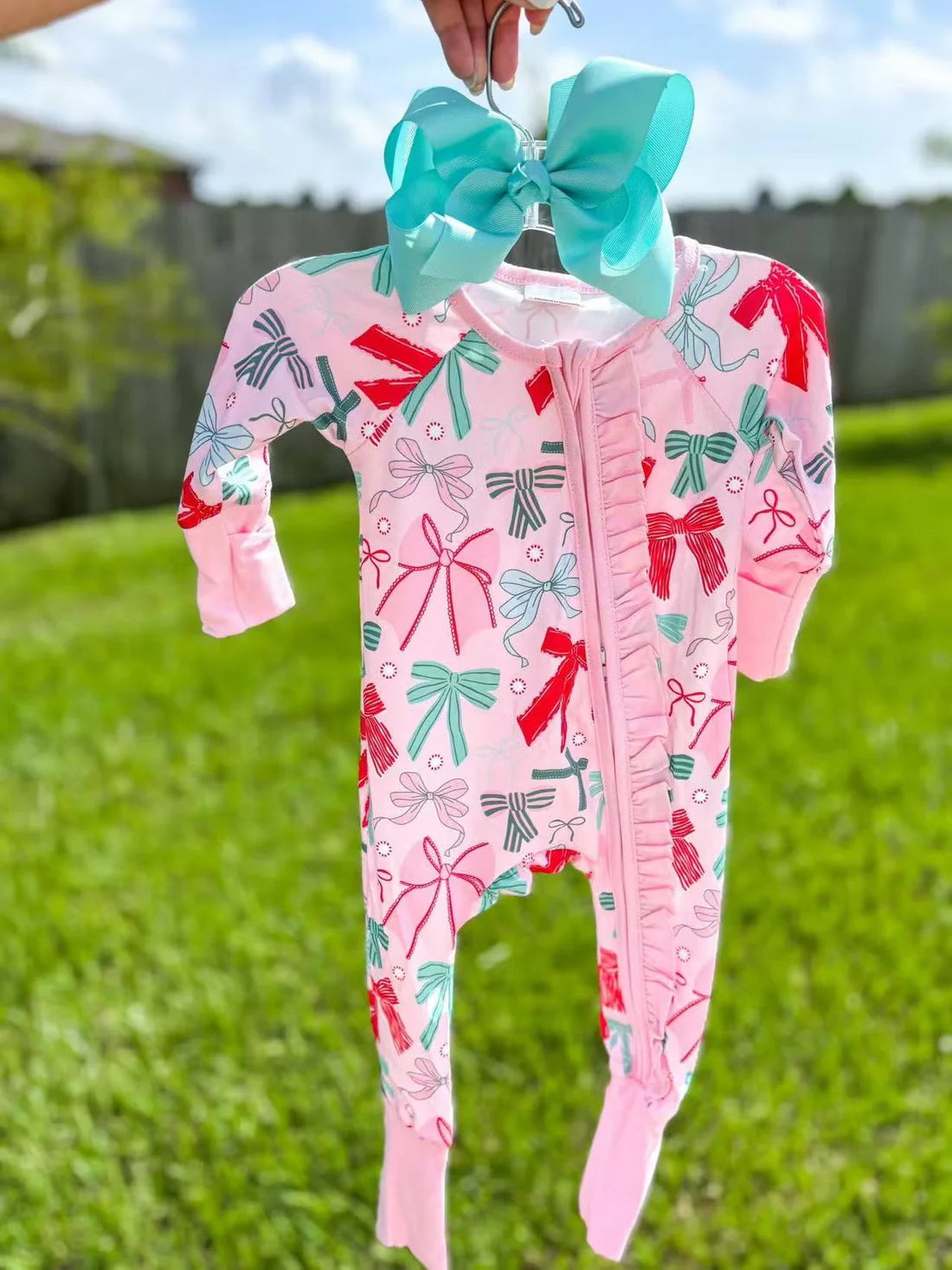 Teal, Red and Pink Bow Ruffle Sleeper