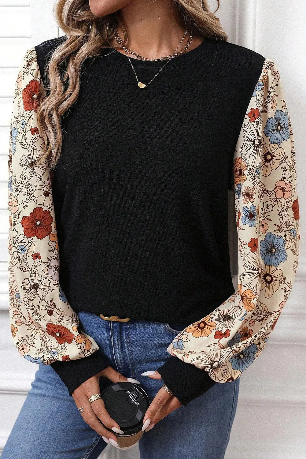 Apricot Flower Puff Sleeve Patchwork Top