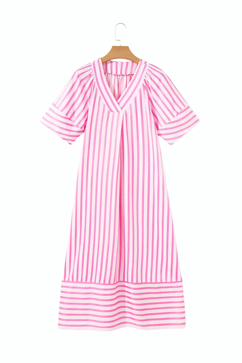 Pink Stripe V Neck Short Sleeve Shift Long Dress