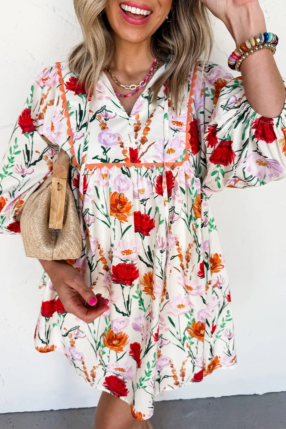 Beige Floral Print 3/4 Puff Sleeve Ricrac Trim Mini Dress