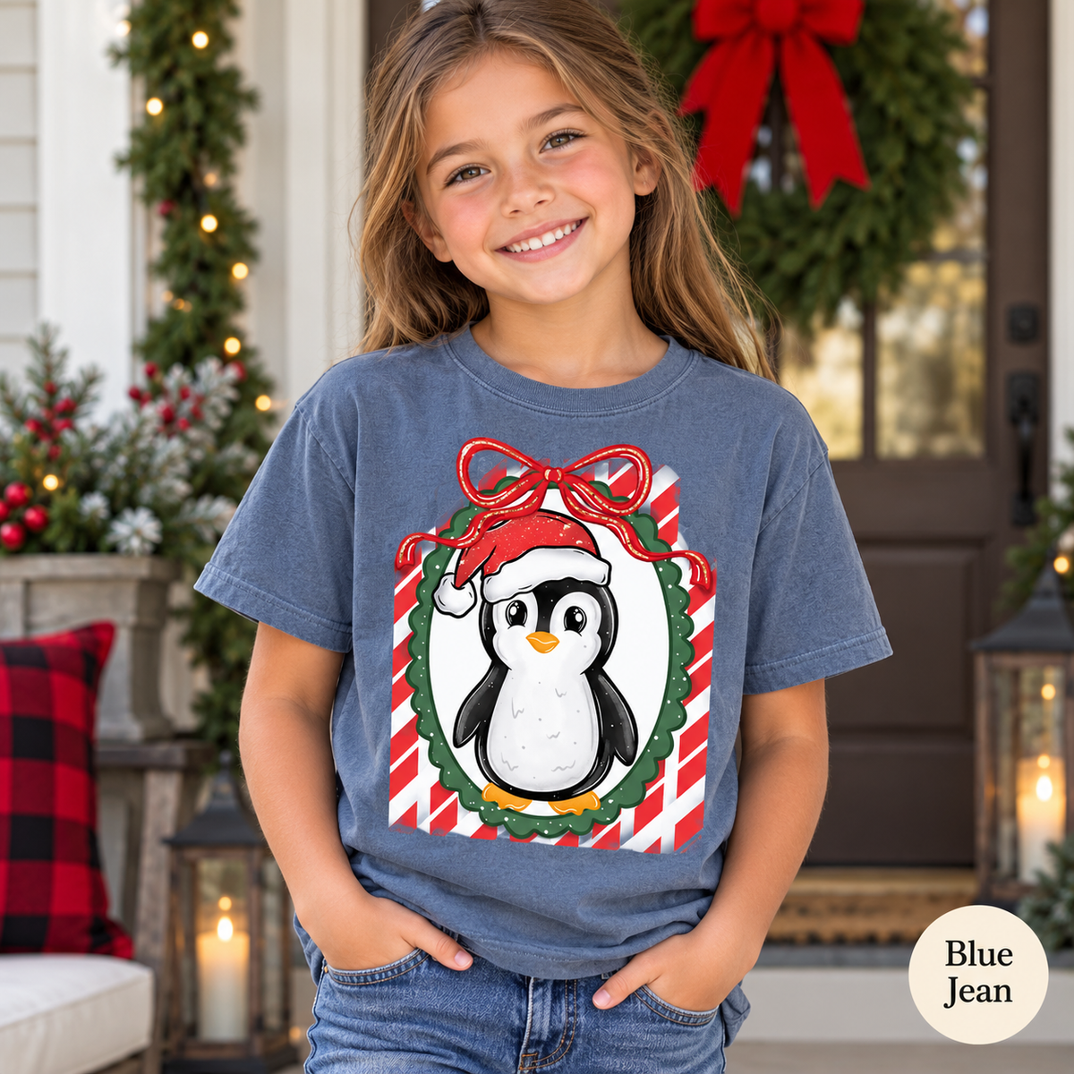 Candy Cane Bow Christmas Penguin Graphic Tee — Blue Jean