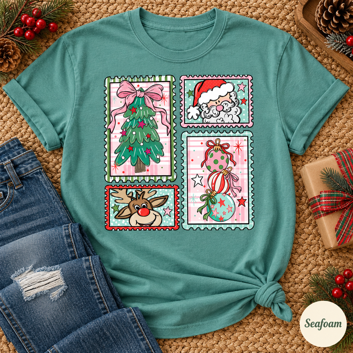 Christmas Stamps Graphic Tee — Seafoam