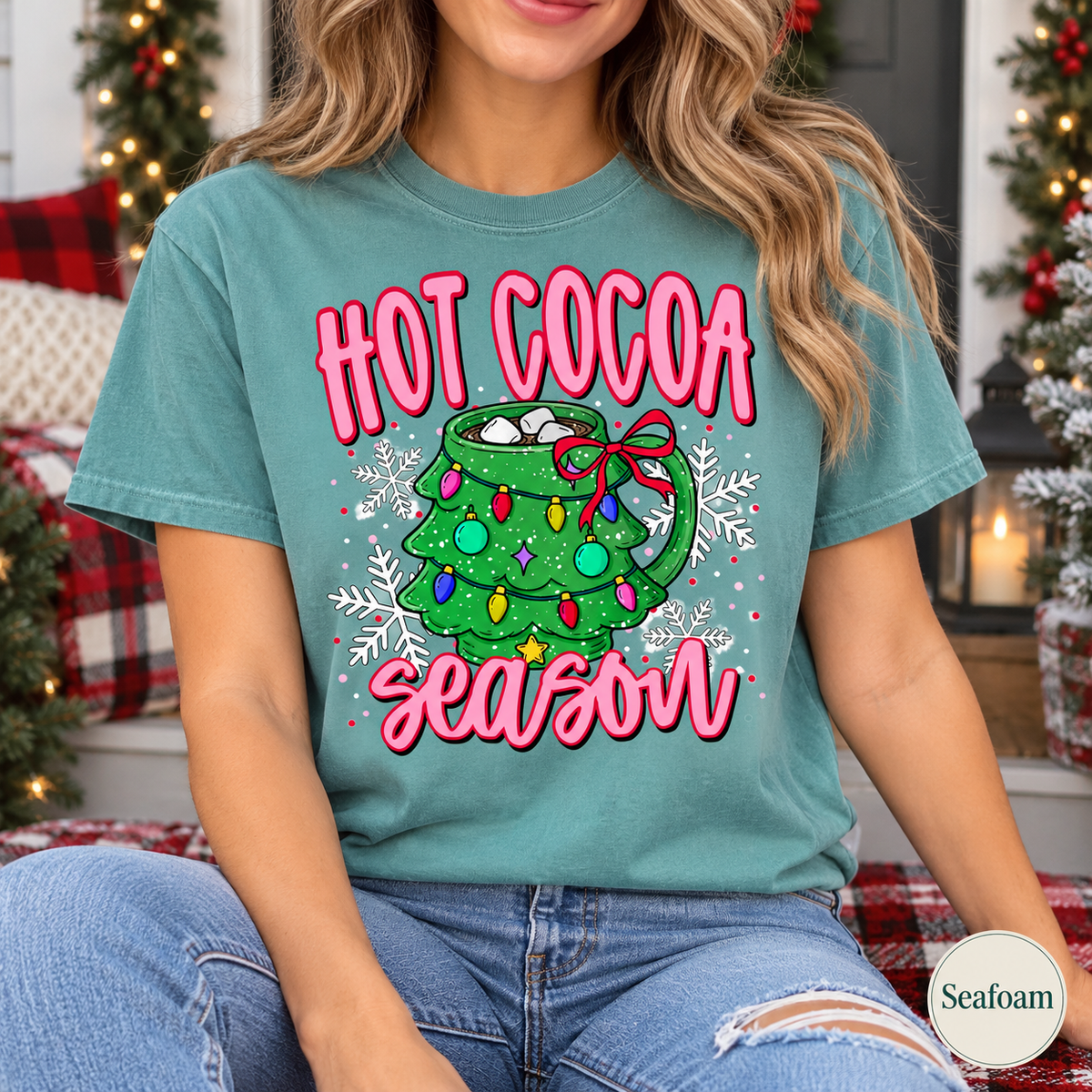 Hot Cocoa Season Christmas Tree Mug Graphic Tee — Seafoam