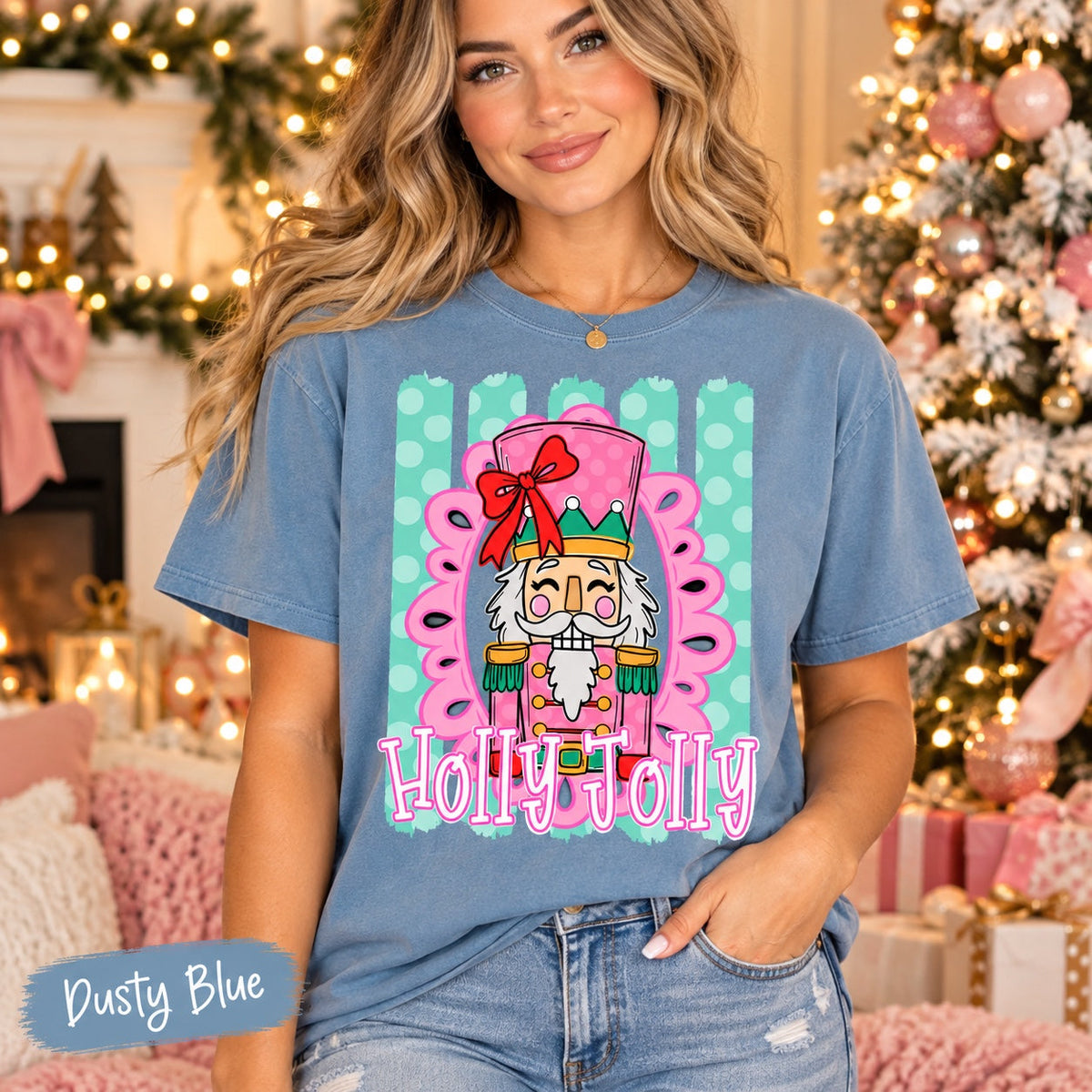 Holly Jolly pink nutcracker dusty blue tee mockup