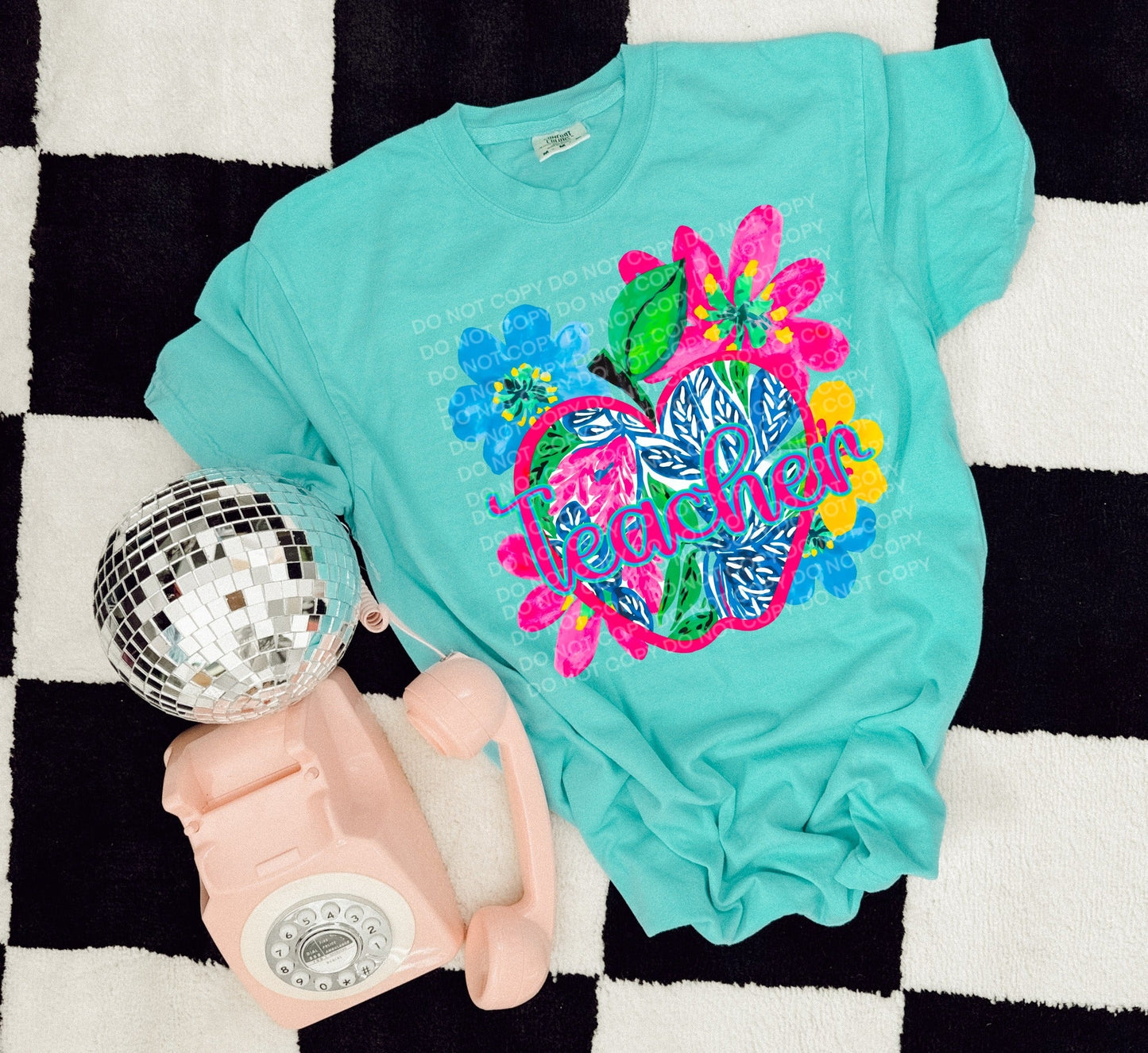 teacher blue floral apple