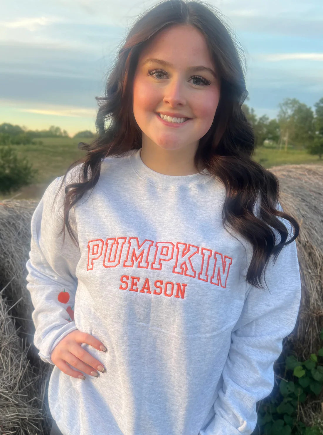 Pumpkin Season with 3 Pumpkin Sleeve Embroidered Sweatshirt