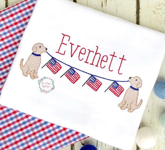Embroidered Patriotic Puppy Banner Name Sketch