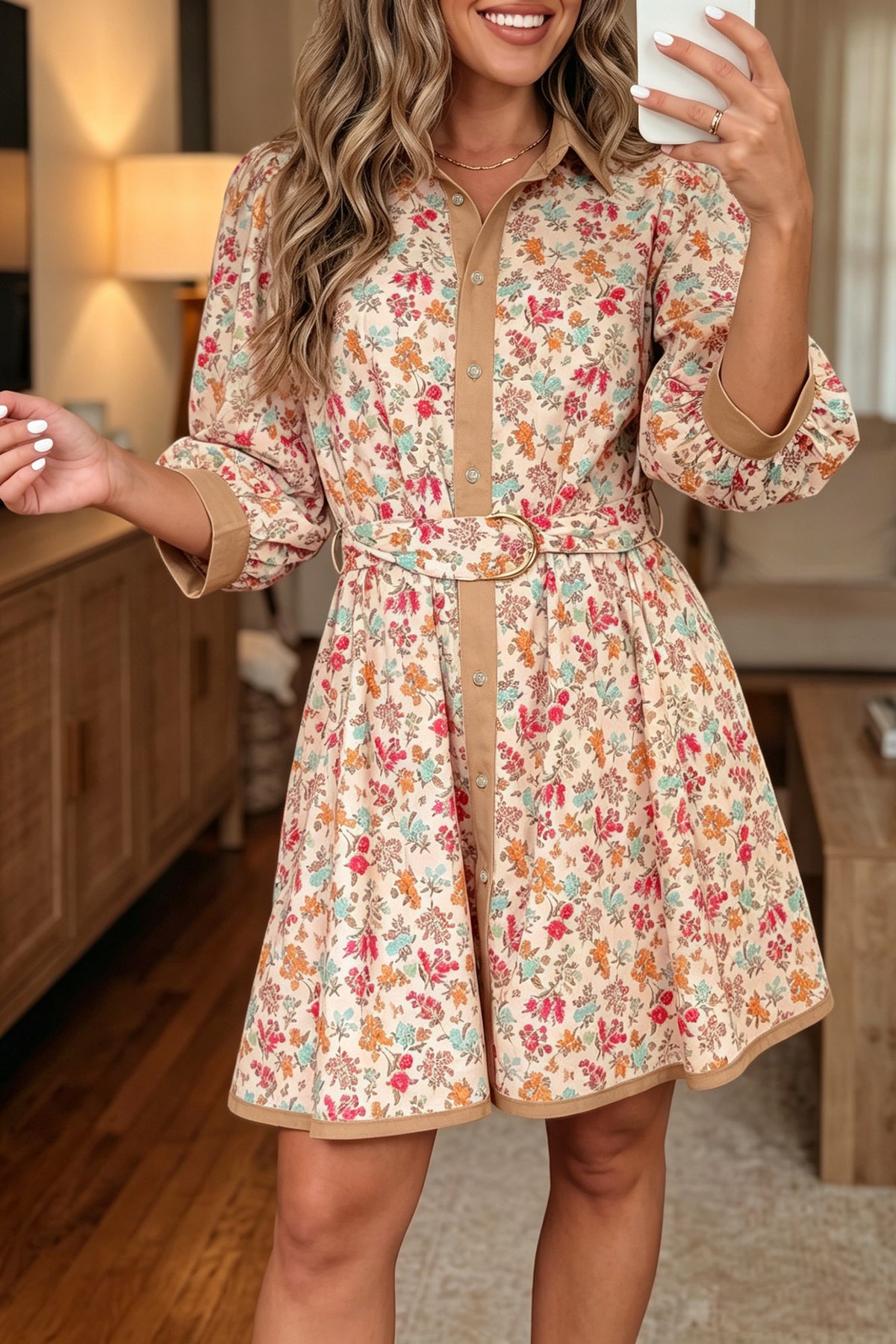 Orange Floral Color Block 3/4 Sleeve Belted Mini Dress