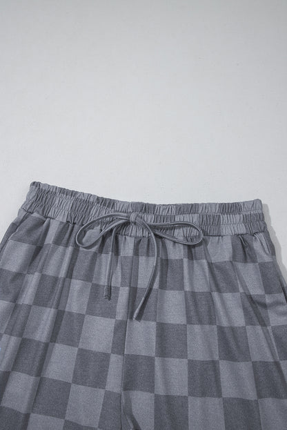 Gray Checkered V Neck Tee Drawstring Shorts Lounge Set