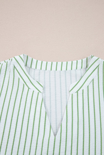 Green Stripe Flower Puff Sleeve Notched V Neck Babydoll Blouse