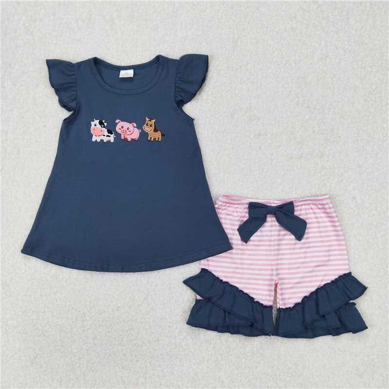 Farm Animal Trio Navy with Pink Stripes Set