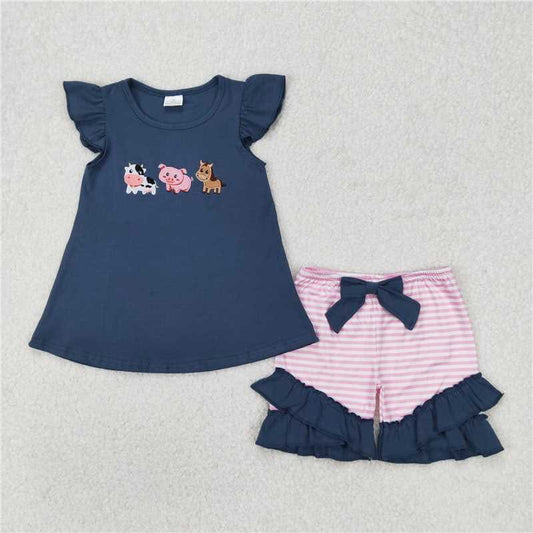 Farm Animal Trio Navy with Pink Stripes Set