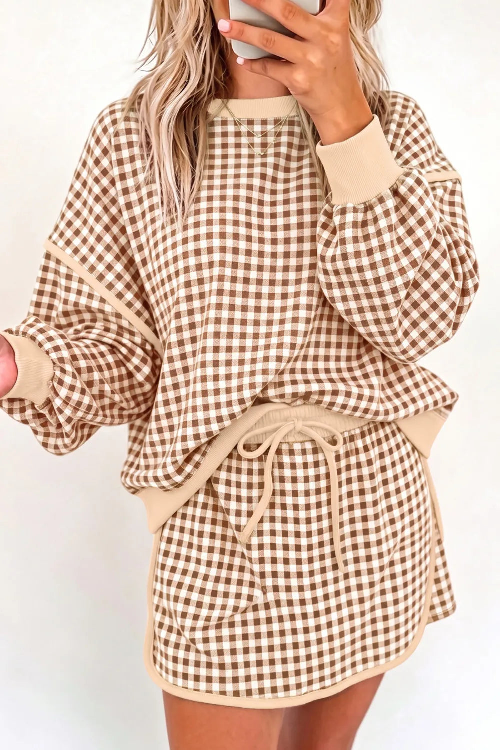 Brown Gingham Oversize Skort Set